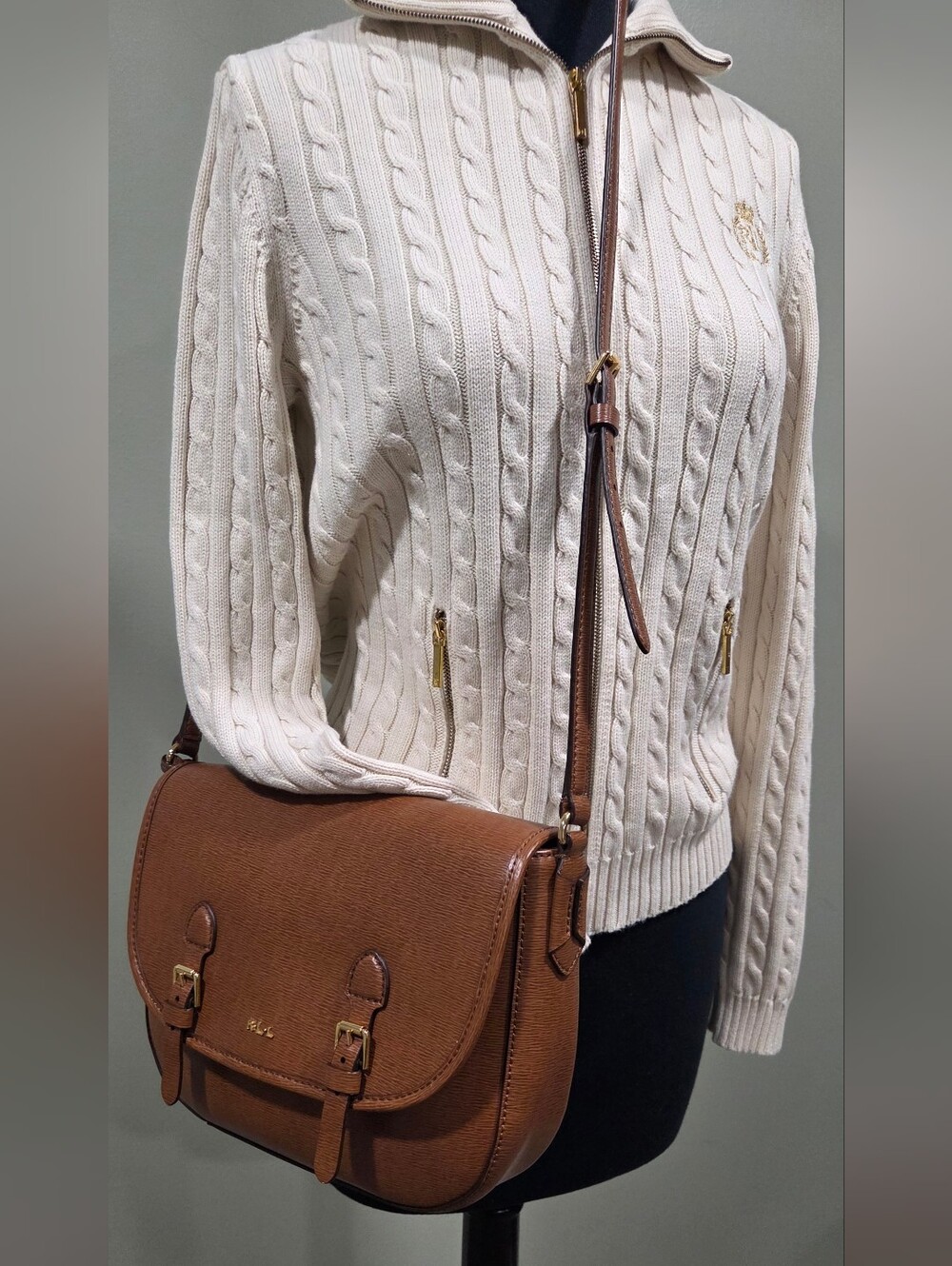 Ralph Lauren Cognac Brown Leather Crossbody Bag with Gold Hardware